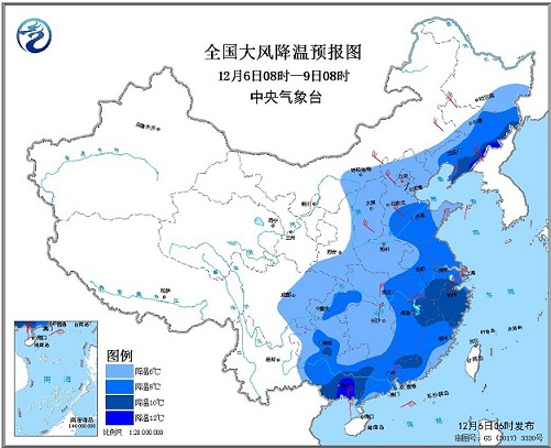 全国大风降温预报图（12月6日08时-9日08时）