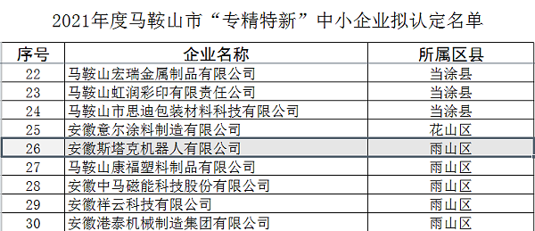 2021年度马鞍山市“专精特新”中小企业公示名单